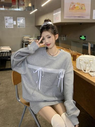 Korean foreign trade bow lace splicing gray sweatshirt women's design Korean style loose lazy style top