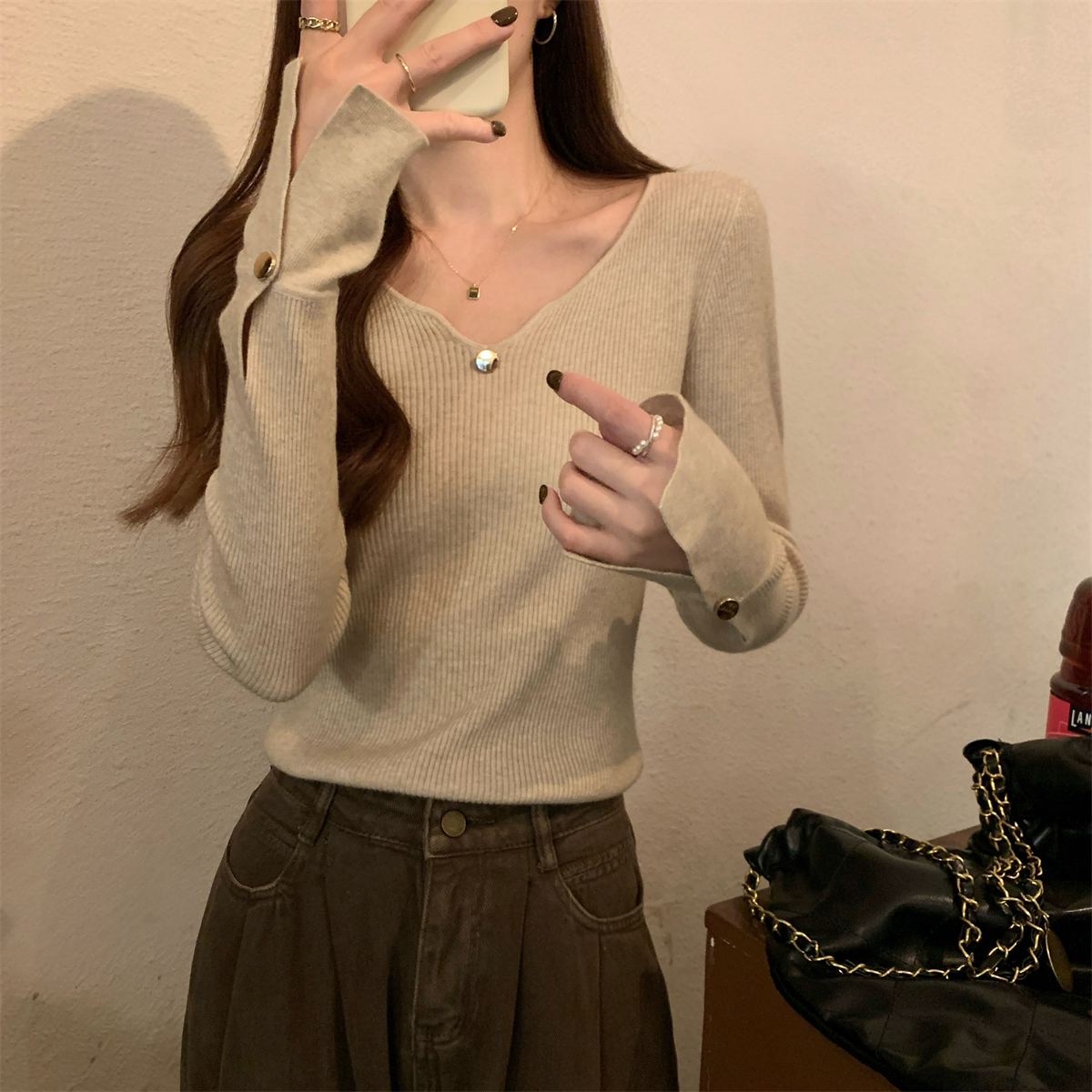 Actual shot of autumn and winter Korean style slim-fitting design Andy velvet sweater bottoming shirt long-sleeved sweater for women