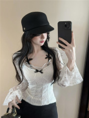 Shot - Pure Desire Style Bow Decoration Lace Top Underwear Shirt Slim White Lace Shirt
