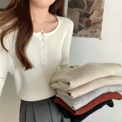 Actual shot of autumn and winter Korean style square collar elegant button design Andy velvet sweater bottoming long-sleeved sweater