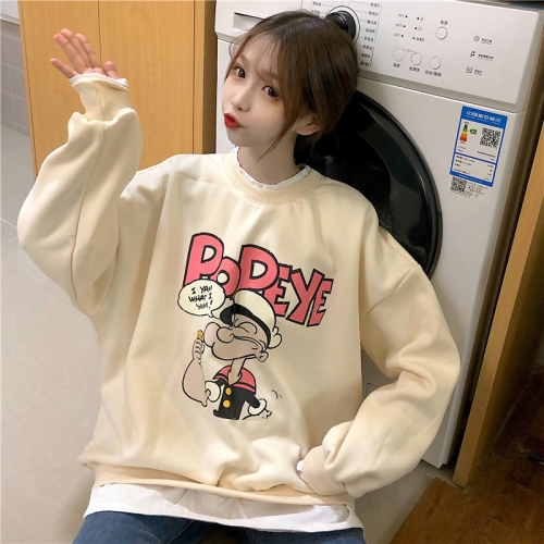 Actual shot of David's sweatshirt 250g Korean loose casual fake two-piece sweatshirt for women plus velvet thickening lazy style