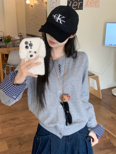 Real shot plaid splicing age-reducing knitted cardigan for women fake two pieces soft waxy sweater jacket