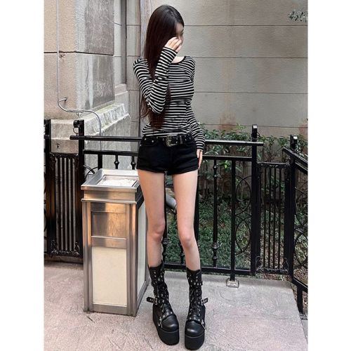 American retro street long-sleeved T-shirt for women in autumn sweet hottie striped slim backless inner bottoming top