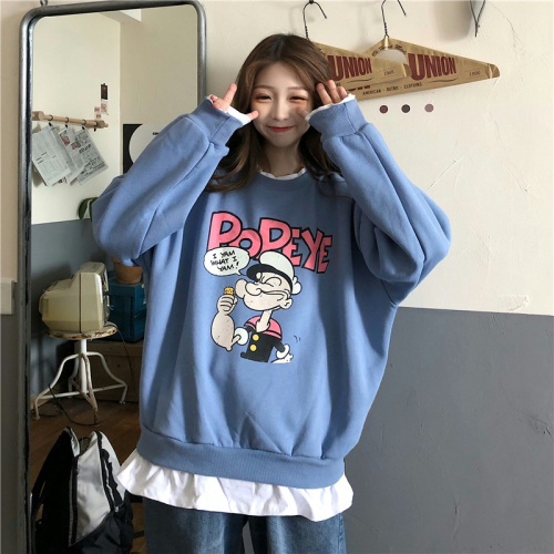 Actual shot of David's sweatshirt 250g Korean loose casual fake two-piece sweatshirt for women plus velvet thickening lazy style