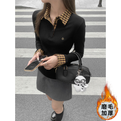 Real shot of Korean plaid splicing fake two-piece brushed long-sleeved T-shirt for women in autumn and winter slimming long-sleeved top