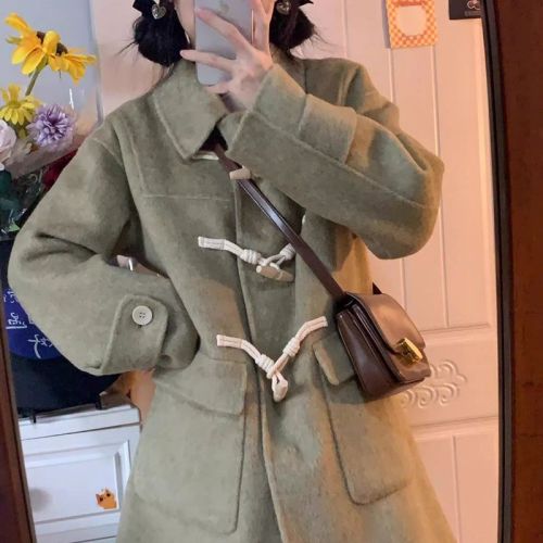 2024 New Woolen Coat Horn Button Temperament Woolen Coat Women's Autumn and Winter High-Quality Small Medium and Long Style