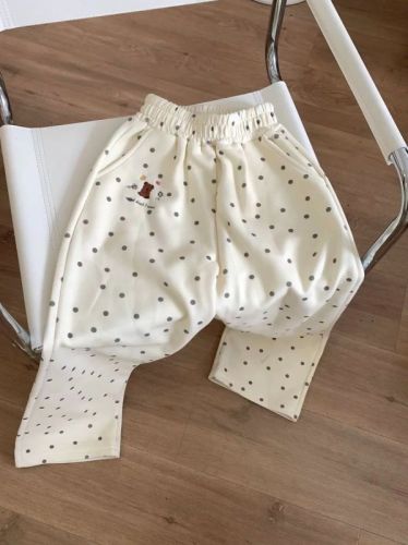 1520 Cute Sweet Girl Bear Embroidered Polka Dot Casual Pants for Women Autumn/Winter Fleece Loose Wide Leg Glutinous Rice Style Underwear