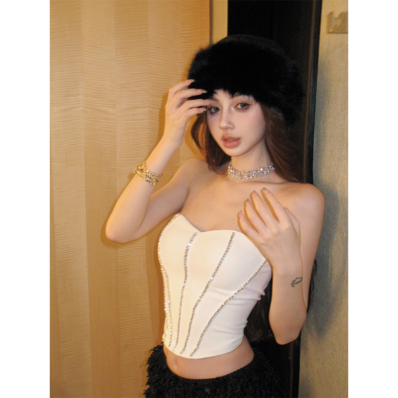 Actual shot of Pure Desire Slim Fit Bright Diamond Tube Top Sexy Waist White Top for Women