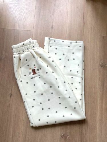 1520 Cute Sweet Girl Bear Embroidered Polka Dot Casual Pants for Women Autumn/Winter Fleece Loose Wide Leg Glutinous Rice Style Underwear