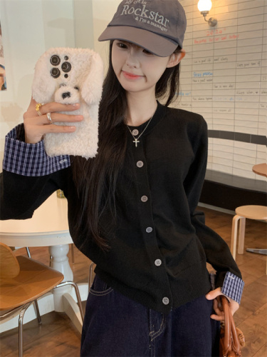 Real shot plaid splicing age-reducing knitted cardigan for women fake two pieces soft waxy sweater jacket