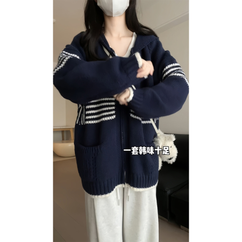 Hooded knitted cardigan for women in autumn and winter new style soft and slimming pocket versatile outer sweater jacket Korean style design