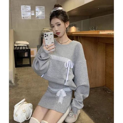 Korean foreign trade bow lace splicing gray sweatshirt women's design Korean style loose lazy style top