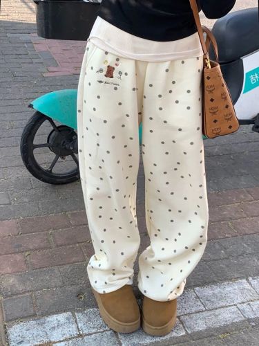 1520 Cute Sweet Girl Bear Embroidered Polka Dot Casual Pants for Women Autumn/Winter Fleece Loose Wide Leg Glutinous Rice Style Underwear