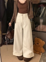 Real shot two-button rolled edge wide-leg fleece warm casual pants autumn and winter high waist slimming short pants 