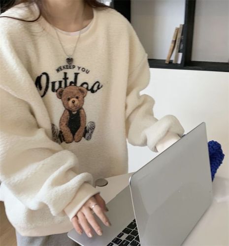 300g lamb plush sweatshirt for women 2024 autumn and winter new style loose plus velvet thickened bear print top trendy