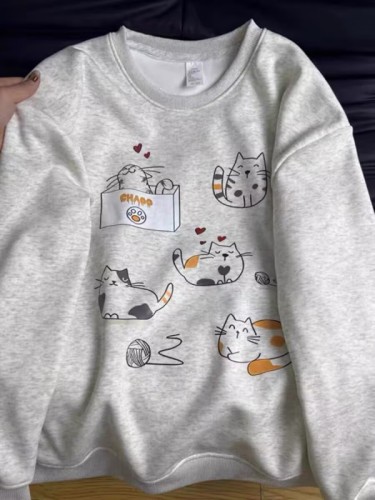 American Retro Round Neck Sweater Women's Loose Autumn Lazy Style Cat Print Top