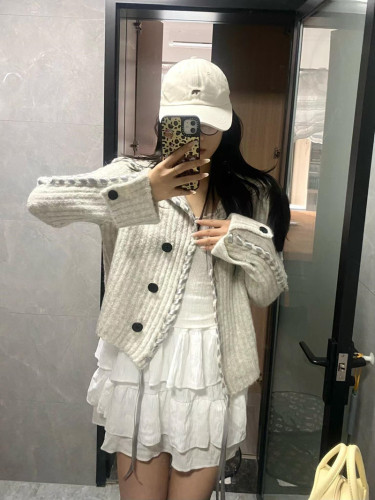 Designed ribbon large lapel knitted cardigan women's 2024 autumn new loose slimming temperament long-sleeved sweater jacket