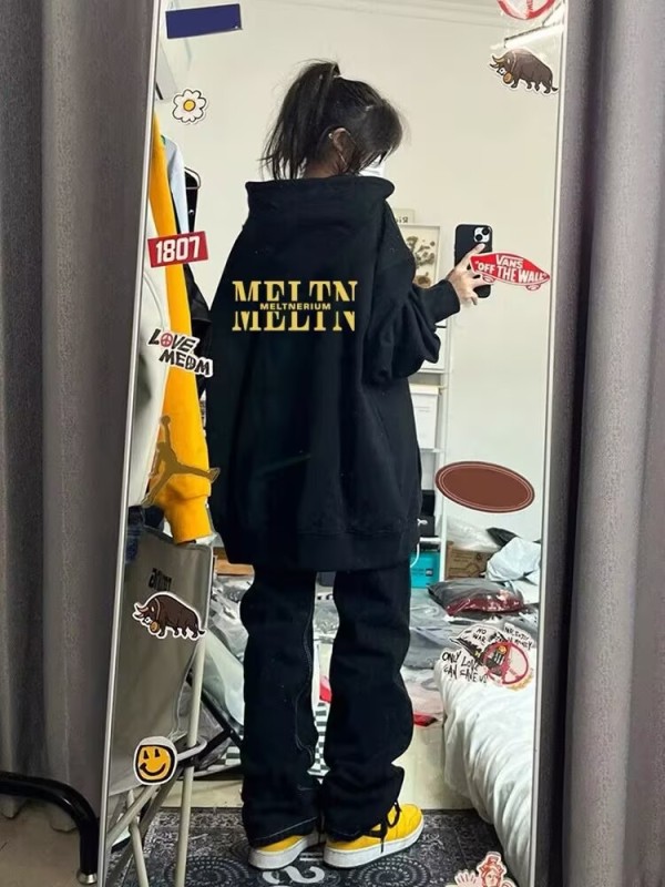 Thick velvet autumn and winter black hooded sweatshirt for women oversize lazy American high street fashion brand jacket hiphop