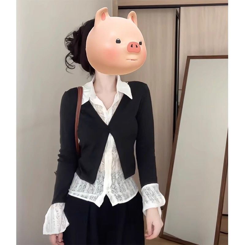 Oversized Contrast-color Padded Short-sleeve Knit Top Women 2024 Early Autumn New Fashion Early Autumn Chic Bell Sleeve Top