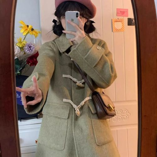 2024 New Woolen Coat Horn Button Temperament Woolen Coat Women's Autumn and Winter High-Quality Small Medium and Long Style