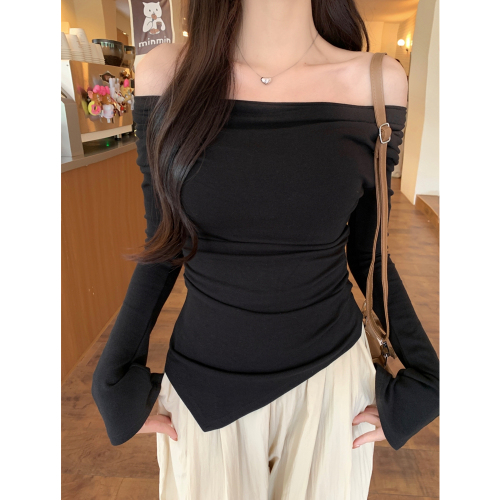 Real shot 1*1 threaded German velvet 270g pleated irregular swing collar long-sleeved T-shirt for women plus velvet and brushed