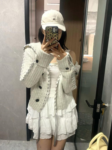 Designed ribbon large lapel knitted cardigan women's 2024 autumn new loose slimming temperament long-sleeved sweater jacket