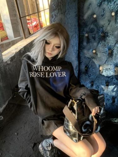 American retro rose lover slogan printed autumn and winter velvet thickened pure cotton heavy loose hooded sweatshirt top