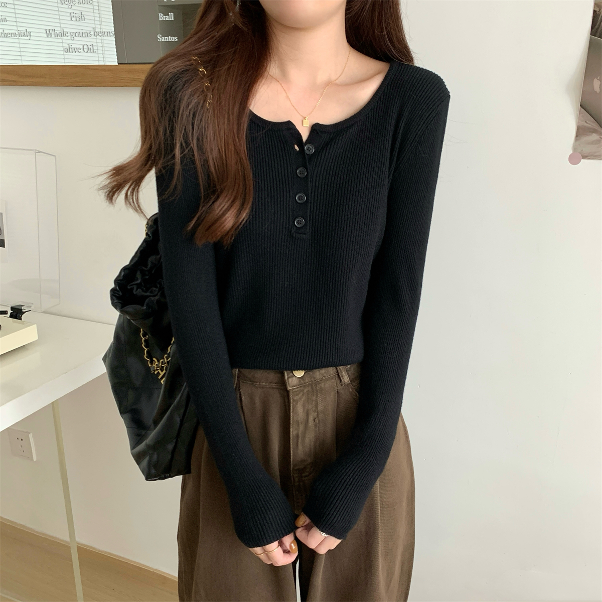 Actual shot of autumn and winter Korean style square collar button design Andy velvet slim-fitting sweater bottoming long-sleeved sweater