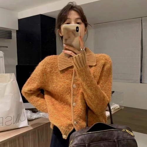 Xiaoxiangfeng Orange Large Lapel Sweater Cardigan Women's New Autumn and Winter Lazy Slim and Chic Short Knitted Jacket