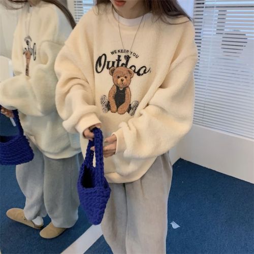 300g lamb plush sweatshirt for women 2024 autumn and winter new style loose plus velvet thickened bear print top trendy