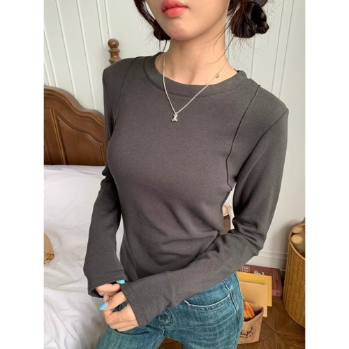 Official picture of high-elastic ribbed German velvet slim round-neck brushed bottoming shirt, versatile solid color long-sleeved T-shirt