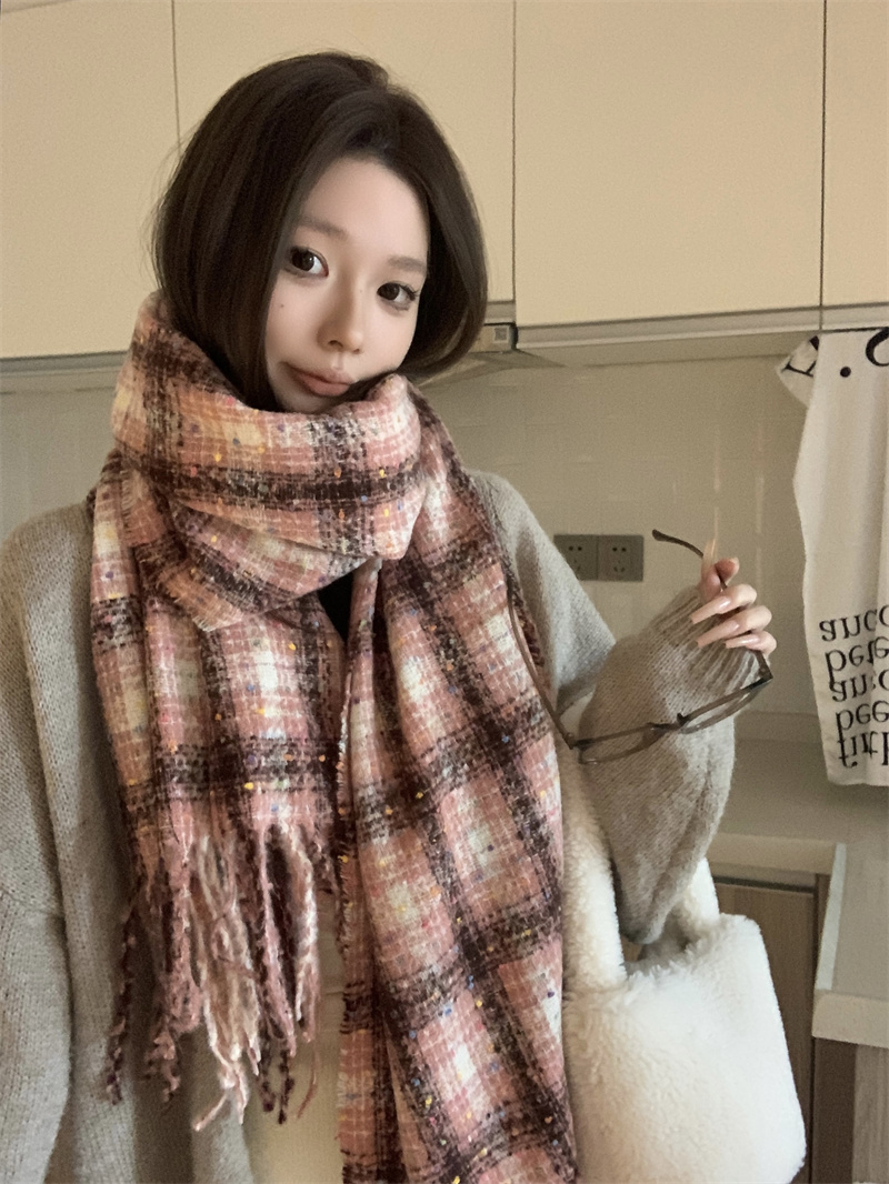實拍價 彩色小糖豆格紋圍巾女韓系氛圍感加厚保暖百搭圍脖