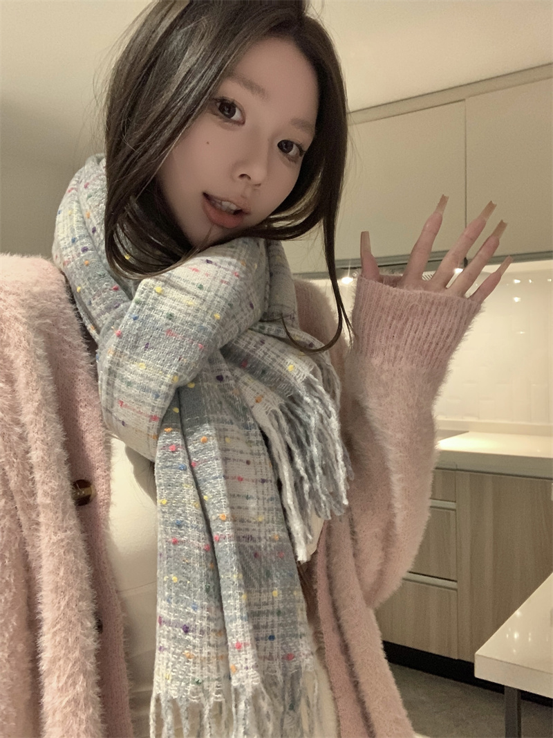 實拍價 彩色小糖豆格紋圍巾女韓系氛圍感加厚保暖百搭圍脖