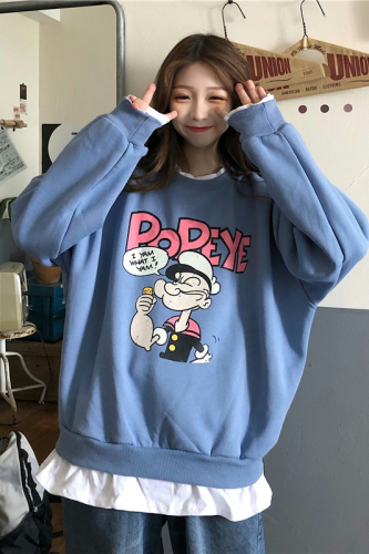 Actual shot of David's sweatshirt 250g Korean loose casual fake two-piece sweatshirt for women plus velvet thickening lazy style