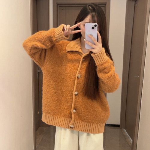 Xiaoxiangfeng Orange Large Lapel Sweater Cardigan Women's New Autumn and Winter Lazy Slim and Chic Short Knitted Jacket