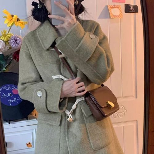 2024 New Woolen Coat Horn Button Temperament Woolen Coat Women's Autumn and Winter High-Quality Small Medium and Long Style