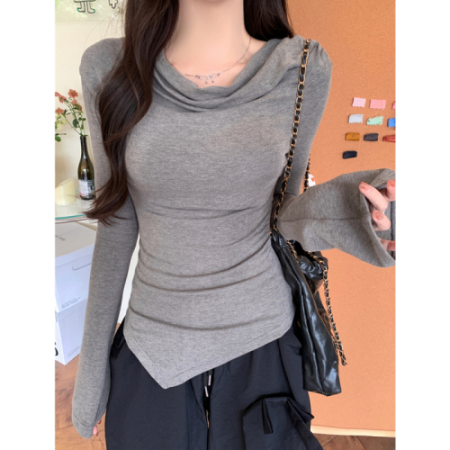 Real shot 1*1 threaded German velvet 270g pleated irregular swing collar long-sleeved T-shirt for women plus velvet and brushed