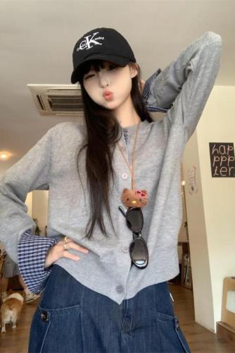 Real shot plaid splicing age-reducing knitted cardigan for women fake two pieces soft waxy sweater jacket