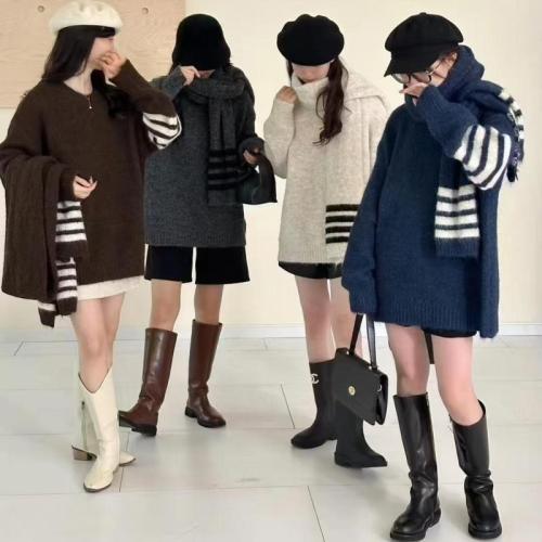 Korean style contrast stripe design pullover sweater for women 2024 autumn and winter loose lazy style sweater with scarf