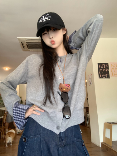 Real shot plaid splicing age-reducing knitted cardigan for women fake two pieces soft waxy sweater jacket