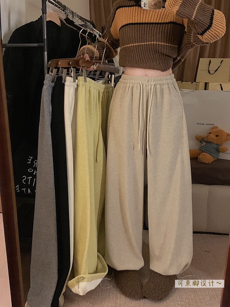 Actual shot of velvet and thickened wheat ear glutinous rice pants for fall and winter, loose drawstring wide-leg pants, two-wear casual leggings sweatpants