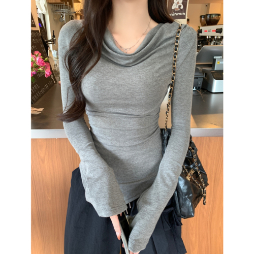 Real shot 1*1 threaded German velvet 270g pleated irregular swing collar long-sleeved T-shirt for women plus velvet and brushed