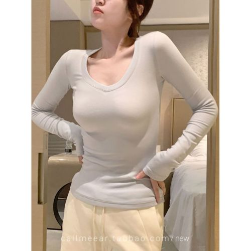 260g rayon fleece long-sleeved inner base T-shirt women's slim fit brushed versatile top