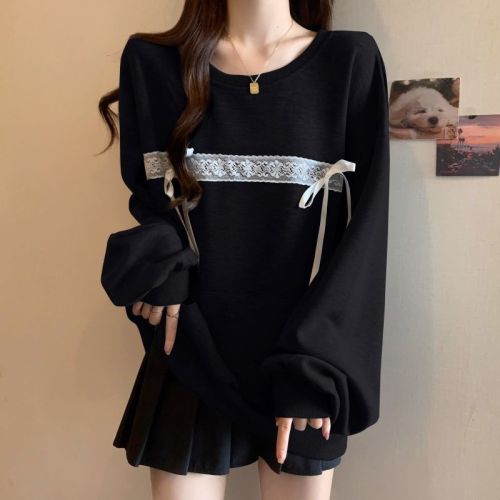 Korean foreign trade bow lace splicing gray sweatshirt women's design Korean style loose lazy style top