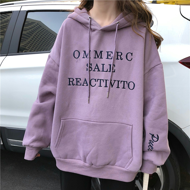 Real shot of large sweatshirt 250g plus velvet letter embroidery loose casual hooded plus velvet sweatshirt women's trend