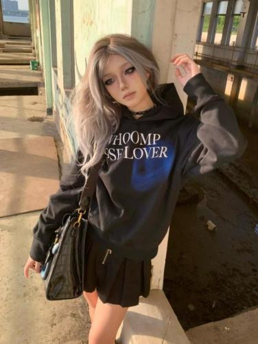 American retro rose lover slogan printed autumn and winter velvet thickened pure cotton heavy loose hooded sweatshirt top