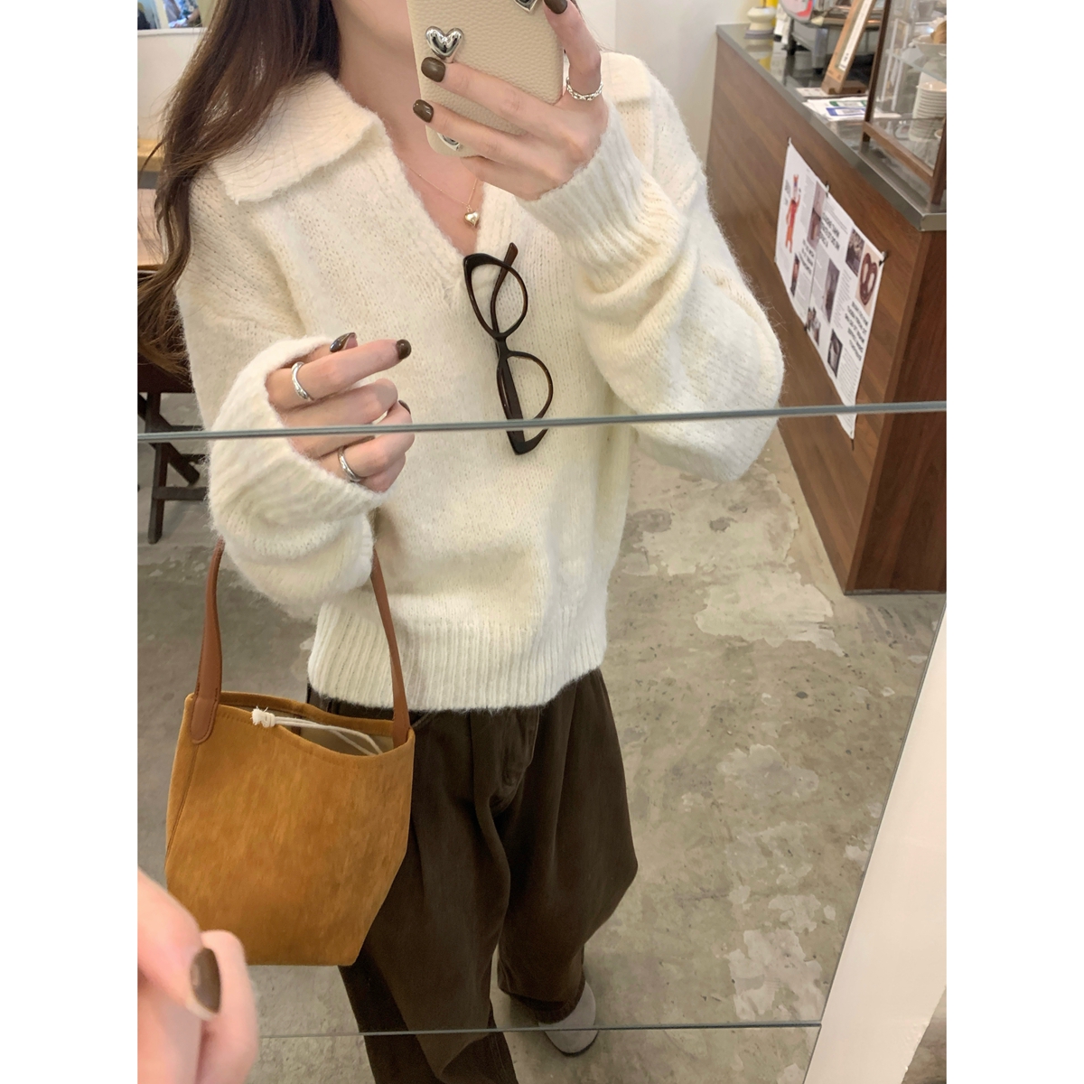 Real shot of autumn and winter Korean style polo collar lazy woolen sweater long-sleeved inner sweater top for women