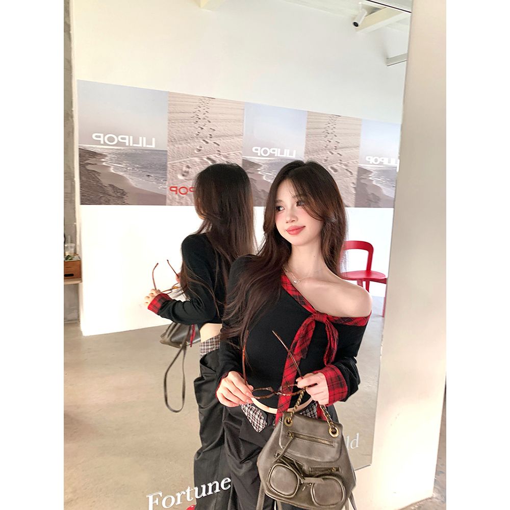 Velvet spliced ​​bow slanted shoulder T-shirt for women in autumn and winter, sweet hottie off-shoulder bottoming shirt with short top inside