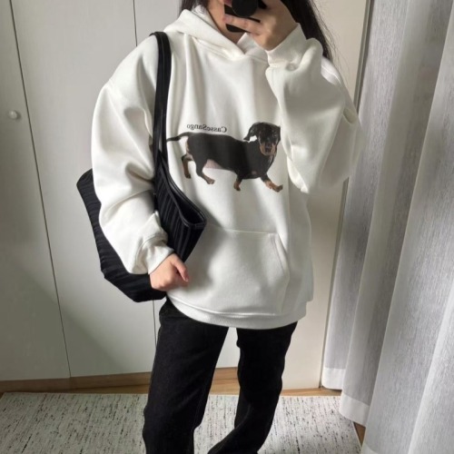 American hiohop white hooded dachshund print sweatshirt for women niche simple loose versatile top autumn and winter trend