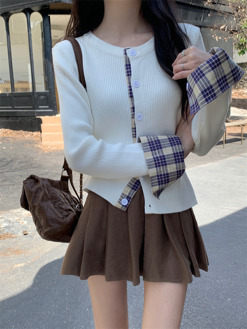 實拍 真 秋冬新款拼接格子假兩件長袖針織開衫毛衣外套女